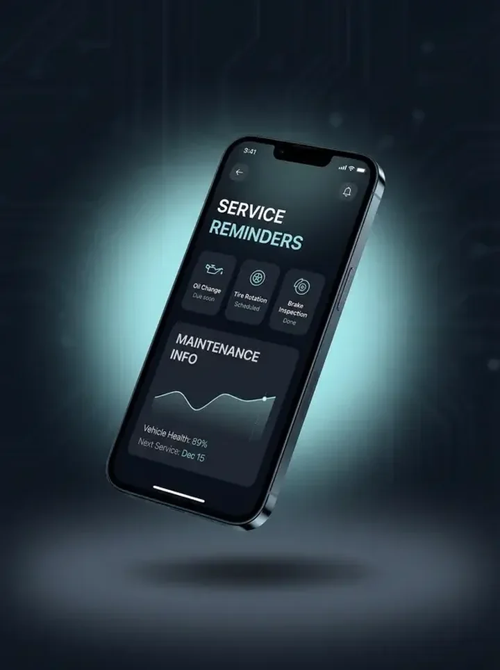 The TapPoint app on a phone showing service reminders and maintenance info